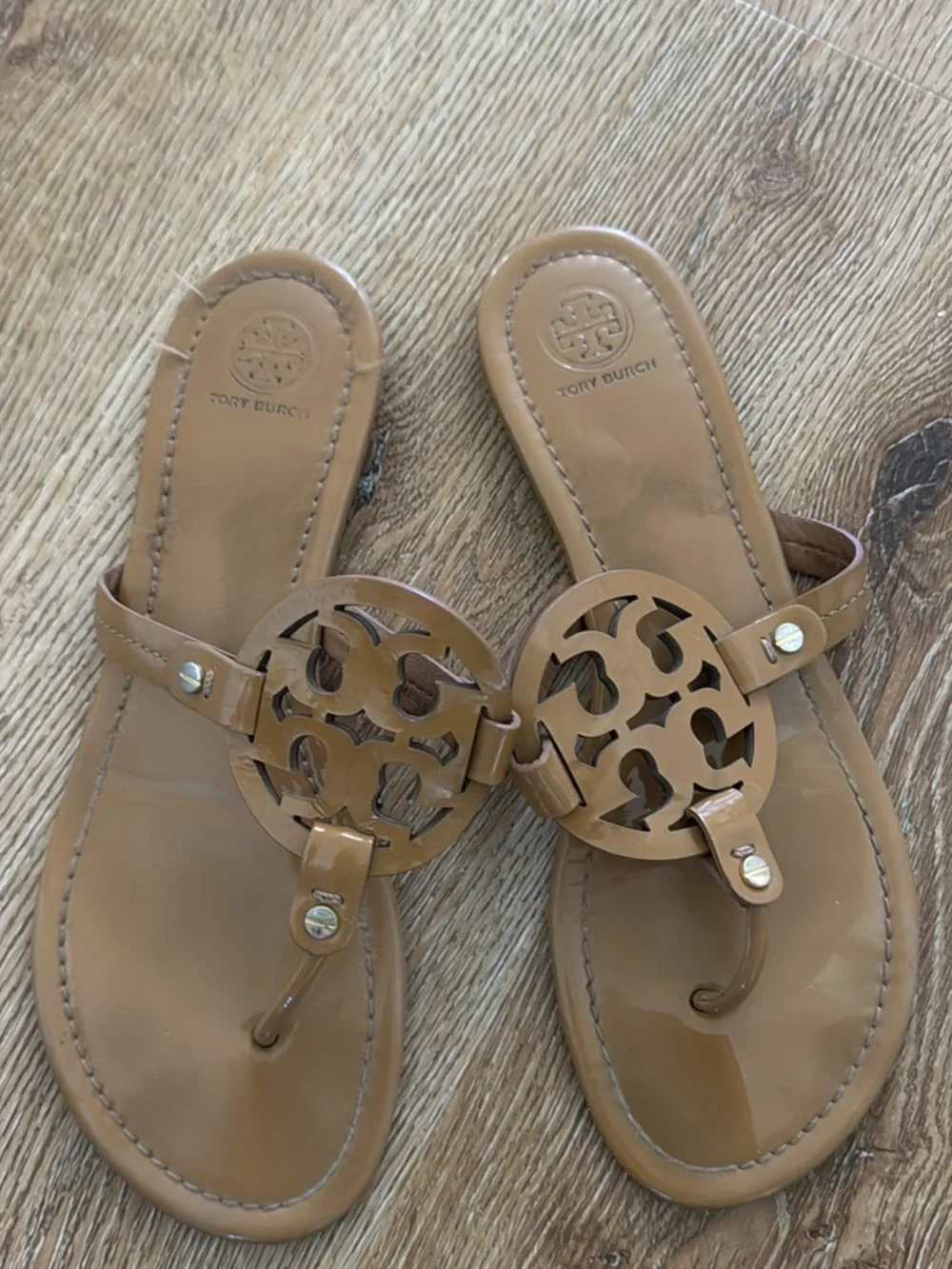 Tory Burch Tan Logo Cutout Thong Sandals